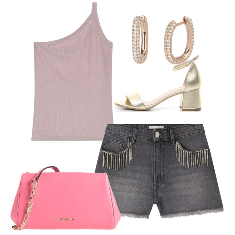 Outfit donna - Serata. Stile Casual chic per Serata fuori. Abbinamento con borse a tracolla, shorts, orecchini, top, sandali col tacco.