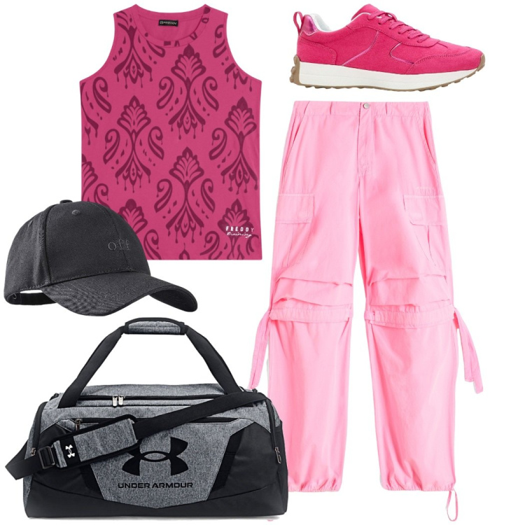Outfit donna - Sportiva. Stile Sporty chic per Sport. Abbinamento con sneakers, cappelli con visiera, pantaloni cargo, canottiere, borse sportive.