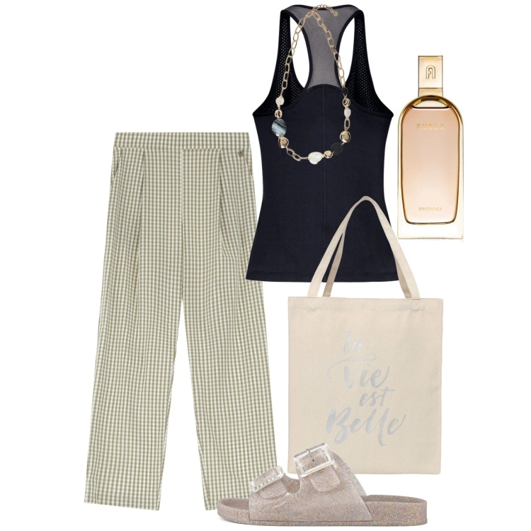 Outfit donna - Giugno. Stile Chic per Tutti i giorni. Abbinamento con profumi, borse tote, pantaloni, sandali, collane, canottiere.
