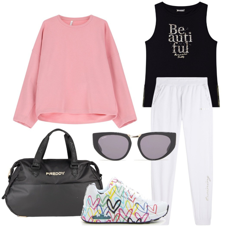 Outfit donna - Urban style. Stile Sporty chic per Sport. Abbinamento con felpe, borse sportive, pantaloni, canottiere, occhiali da sole, sneakers.