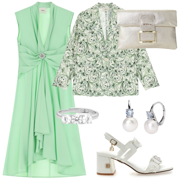 Outfit donna - Vestito Dixie in verde chiaro. Stile Chic per Serata fuori. Abbinamento con anelli, orecchini, pochette, blazer, vestiti midi/longuette, sandali col tacco.