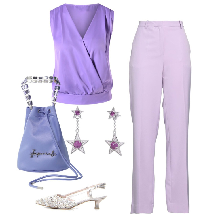 Outfit donna - Cerimonia glicine. Stile Chic per Cerimonia. Abbinamento con pantaloni, borse a secchiello, orecchini, top, sandali col tacco.