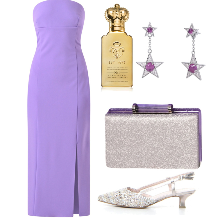 Outfit donna - Glicine di giugno. Stile Chic per Cerimonia. Abbinamento con profumi, orecchini, vestiti midi/longuette, pochette, sandali col tacco.