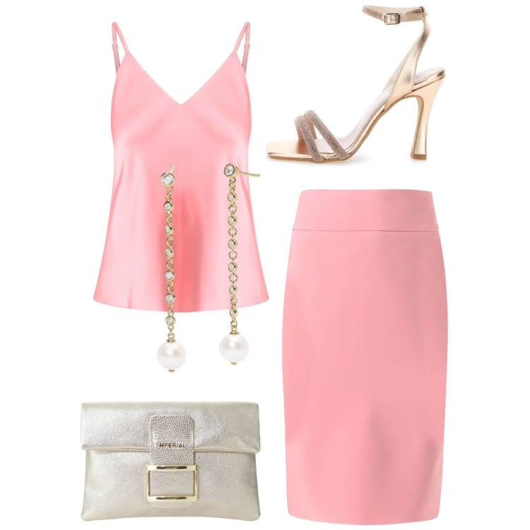 Outfit donna - Matrimonio rosa. Stile Chic per Cerimonia. Abbinamento con gonne, top, orecchini, pochette, sandali col tacco.