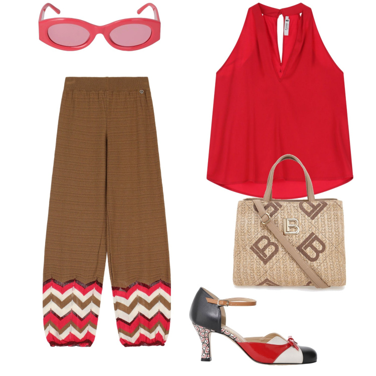 Outfit donna - I pantaloni trendy. Stile Urban per Ufficio. Abbinamento con pantaloni, top, décolleté, occhiali da sole, borse a tracolla.