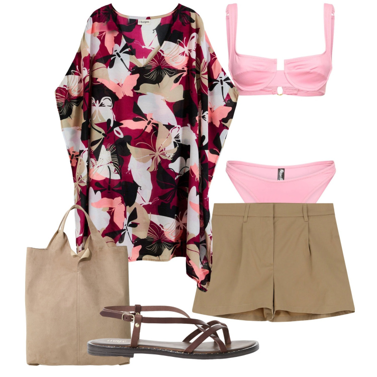 Outfit donna - Aperitivo in spiaggia. Stile Chic per Mare. Abbinamento con vestiti da spiaggia, shorts, shopping bag, sandali, bikini.