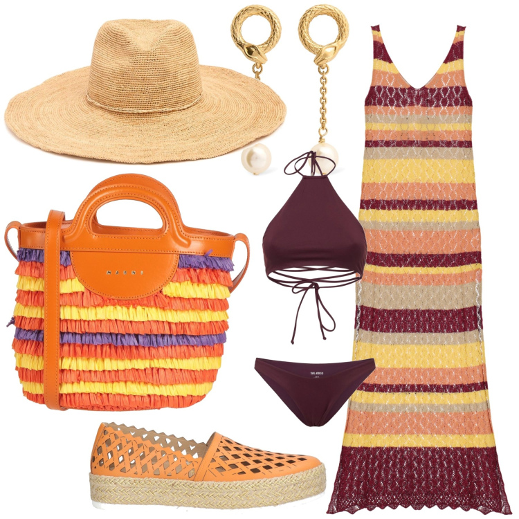 Outfit donna - Caraibi. Stile Glamour per Mare. Abbinamento con espadrillas, borse a secchiello, vestiti lunghi, orecchini, cappelli, bikini.