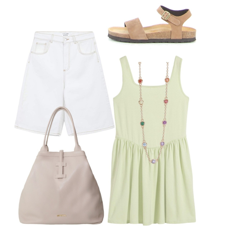Outfit donna - Prendisole. Stile Casual per Tutti i giorni. Abbinamento con top, bermuda, collane, borse tote, sandali.
