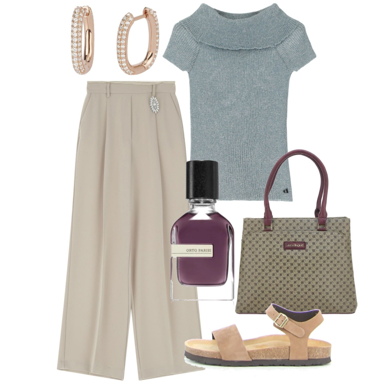 Outfit donna - In ufficio a giugno. Stile Bon Ton per Ufficio. Abbinamento con profumi, orecchini, pantaloni, pullovers, sandali, borse a spalla.