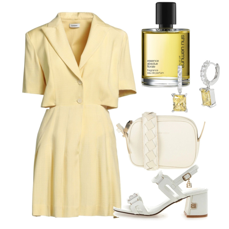 Outfit donna - Domenica di giugno. Stile Bon Ton per Tutti i giorni. Abbinamento con vestiti corti, borse a tracolla, profumi, orecchini, sandali col tacco.