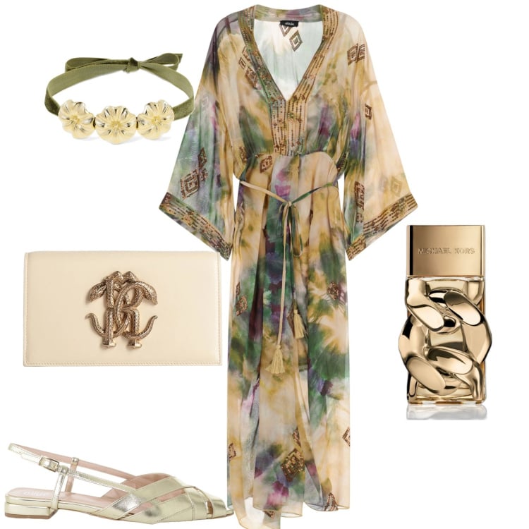 Outfit donna - Serata. Stile Glamour per Serata fuori. Abbinamento con borse a mano, profumi, vestiti lunghi, sandali, collane.