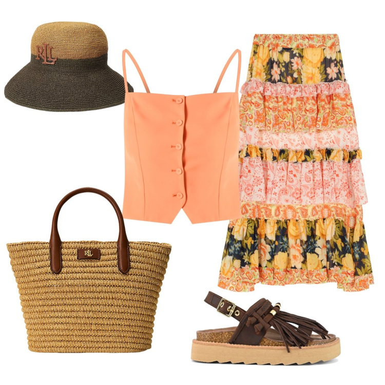 Outfit donna - La gonna a balze. Stile Etnico per Tutti i giorni. Abbinamento con canottiere, gonne lunghe, borse tote, cappelli, sandali.