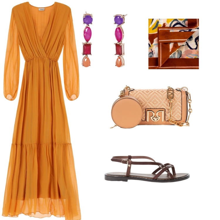 Outfit donna - Maxi Summer dress. per Serata fuori. Abbinamento con vestiti lunghi, sandali, orecchini, borse a tracolla, foulard.