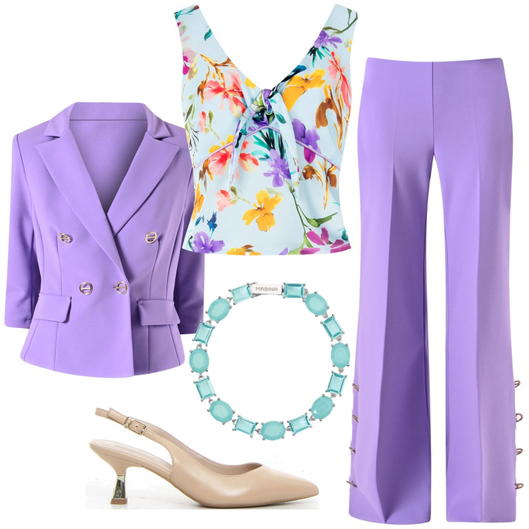 Outfit donna - Coordinati di classe. Stile Chic per Cerimonia. Abbinamento con top, pantaloni a palazzo, blazer, braccialetti, décolleté.