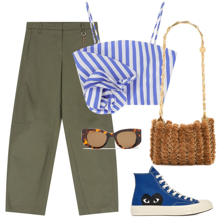 Outfit donna - Top a righe pantalone verde con dettagli. Stile Sporty chic per Tutti i giorni. Abbinamento con canottiere, pantaloni, sneakers, occhiali da sole, borse a spalla.