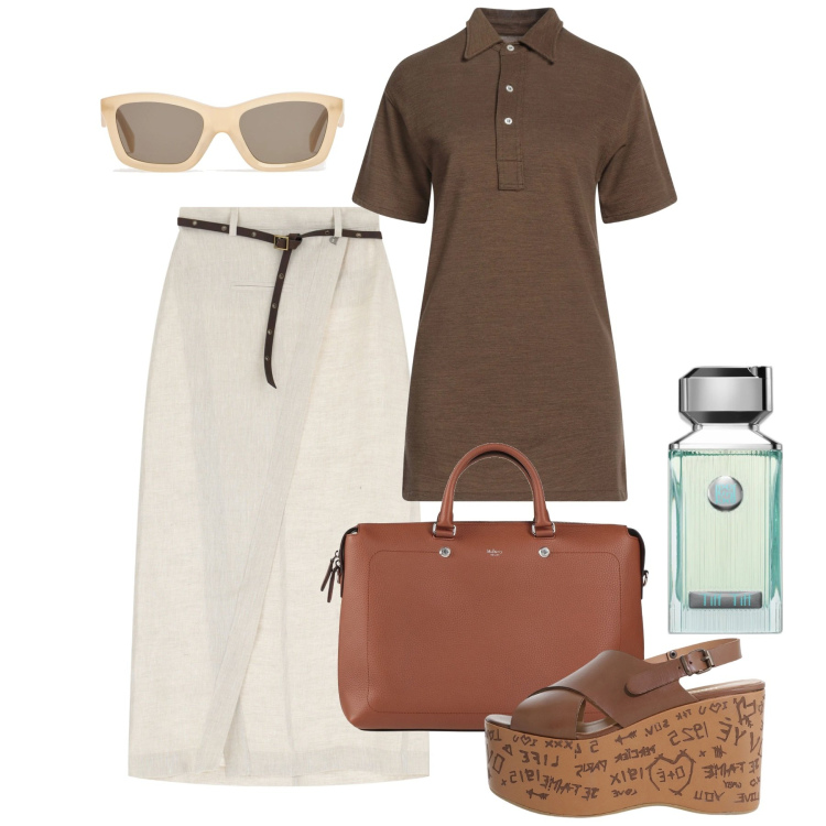 Outfit donna - Rigore in ufficio. Stile Bon Ton per Ufficio. Abbinamento con polo, borse a mano, profumi, gonne, zeppe, occhiali da sole.