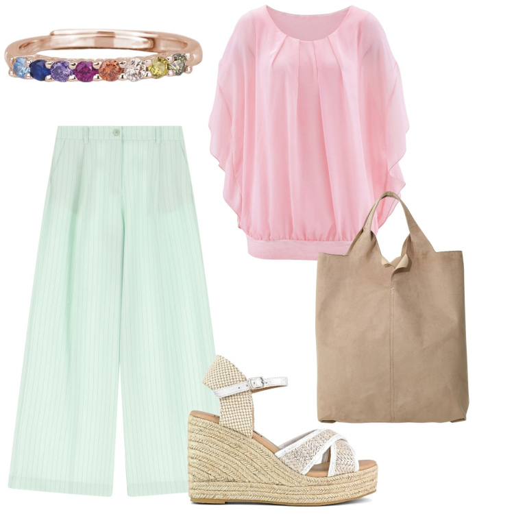 Outfit donna - Un gioiello colorato. per Tutti i giorni. Abbinamento con bluse, anelli, pantaloni a palazzo, shopping bag, zeppe.