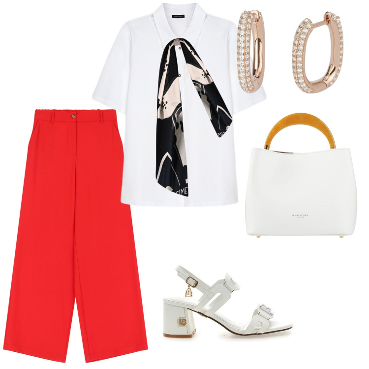 Outfit donna - Pantaloni palazzo. per Ufficio. Abbinamento con borse a mano, orecchini, sciarpe, pantaloni a palazzo, sandali col tacco, camicie a manica corta.
