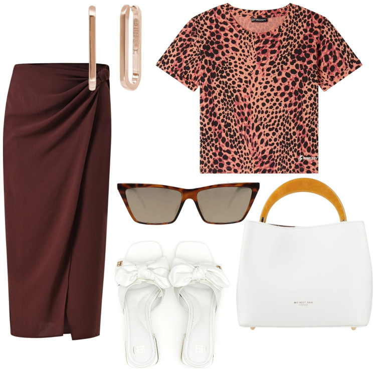Outfit donna - I colori dell\' estate. per Tutti i giorni. Abbinamento con occhiali da sole, borse a mano, orecchini, gonne longuette, t-shirt, ciabatte.