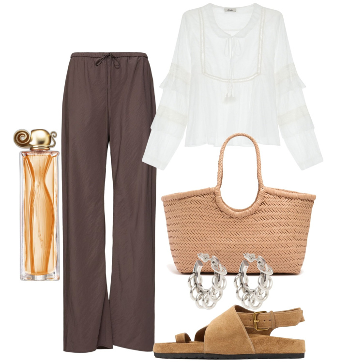Outfit donna - Boho a giugno. Stile Boho per Tutti i giorni. Abbinamento con profumi, bluse, shopping bag, orecchini, pantaloni, sandali col tacco.