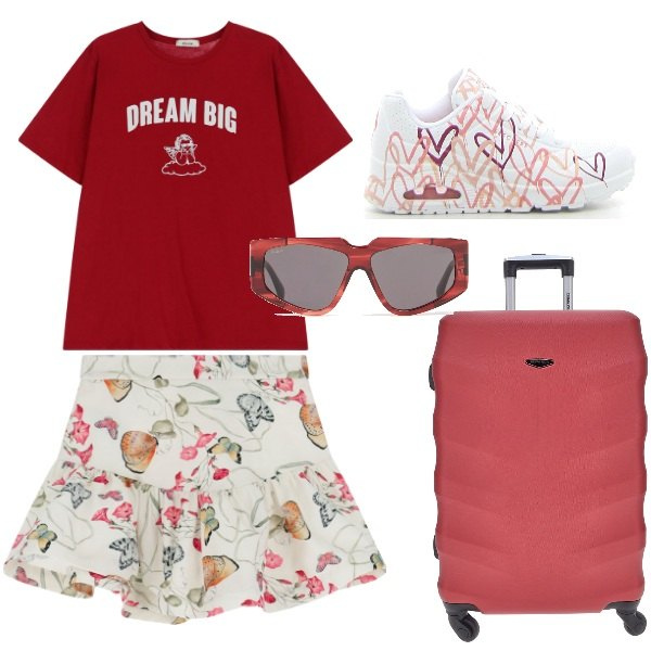 Outfit donna - Farfalle in viaggio. Stile Urban per Tutti i giorni. Abbinamento con minigonne, t-shirt, occhiali da sole, valigie, sneakers.