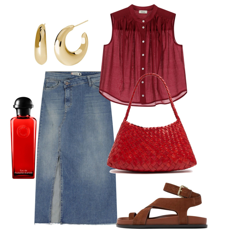 Outfit donna - Giugno denim. Stile Bon Ton per Tutti i giorni. Abbinamento con profumi, orecchini, gonne longuette, camicie, sandali in pelle, borse a spalla.