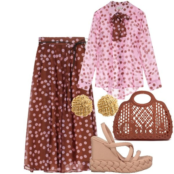 Outfit donna - Pois a contrasto. Stile Bon Ton per Ufficio. Abbinamento con sandali col tacco, gonne lunghe, camicie, orecchini, borse a mano.