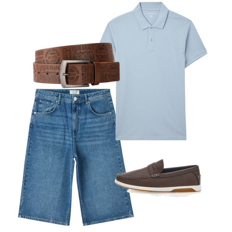 Outfit uomo - Cuoio e blu. Stile Casual per Tutti i giorni. Abbinamento con cinture, pantaloni corti, polo, scarpe stringate.