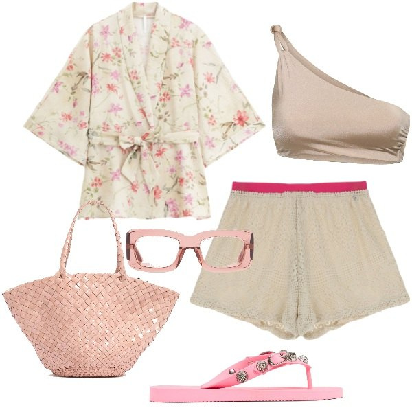 Outfit donna - Viaggi di lusso. Stile Glamour per Mare. Abbinamento con shorts, kimono, shopping bag, occhiali da sole, infradito, bikini.