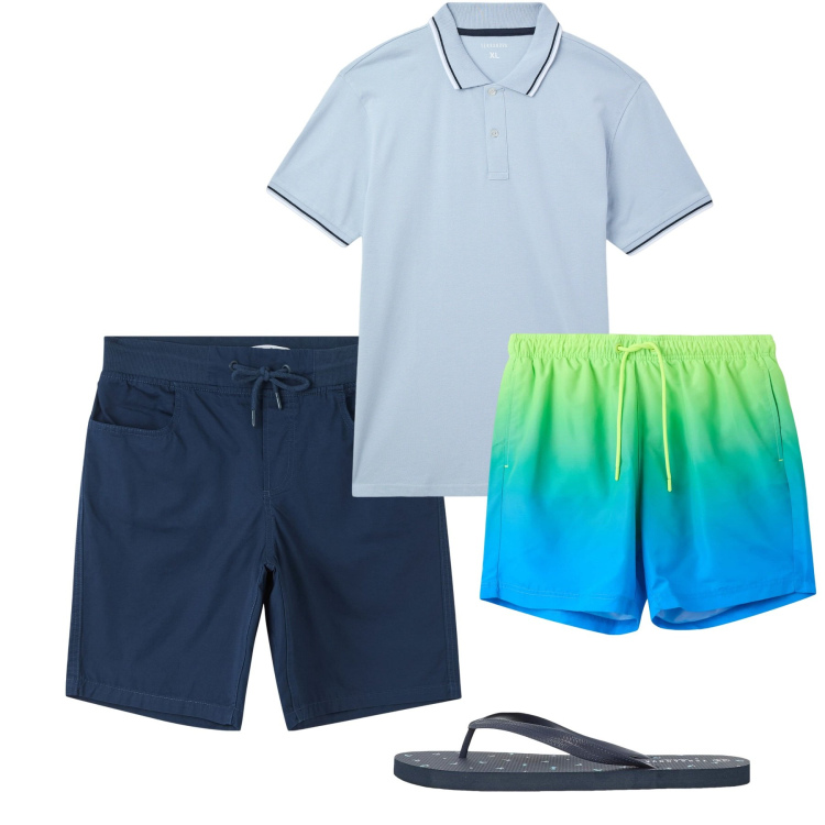Outfit uomo - June sea. Stile Casual per Mare. Abbinamento con polo, sandali, costumi, shorts.