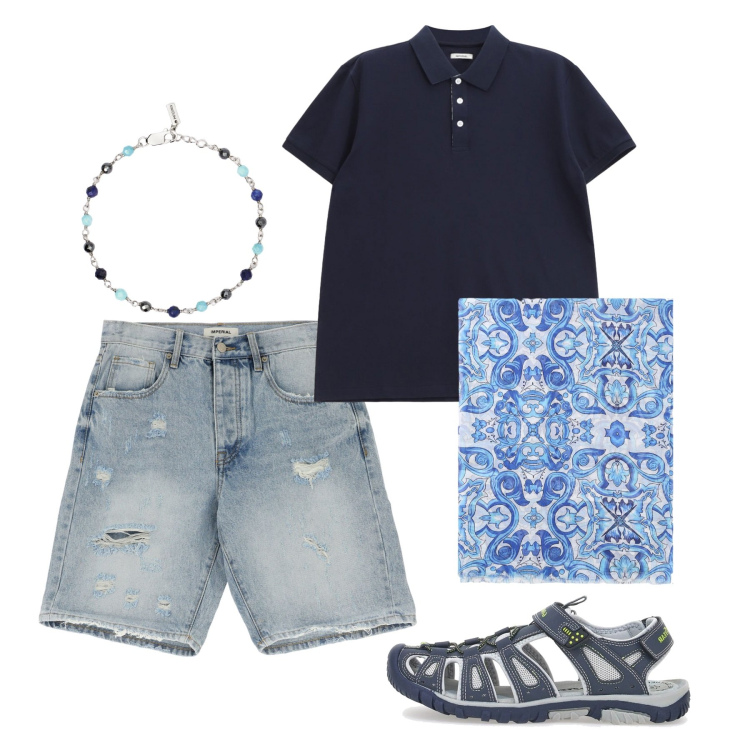 Outfit uomo - In barca. Stile Casual per Tutti i giorni. Abbinamento con braccialetti, bermuda, polo, sciarpe e foulard, sandali.