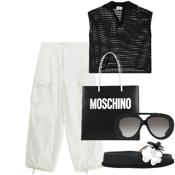 Outfit donna - Black & white. Stile Trendy per Tutti i giorni. Abbinamento con borse a mano, sandali in pelle, pantaloni, top, occhiali da sole.