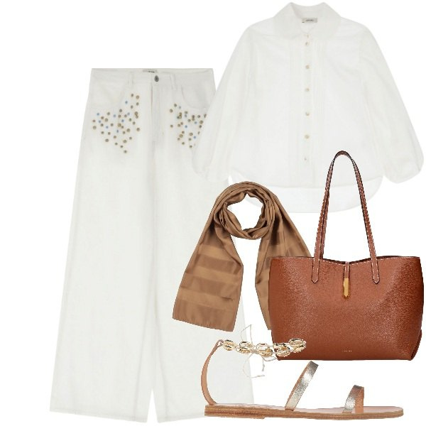 Outfit donna - Bianco candido. Stile Trendy per Tutti i giorni. Abbinamento con sandali in pelle, sciarpe, jeans, camicie, borse tote.