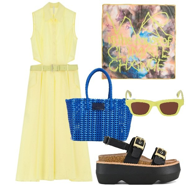 Outfit donna - Slogan. Stile Urban per Tutti i giorni. Abbinamento con sciarpe, vestiti senza maniche, sandali col tacco, occhiali da sole, shopping bag.