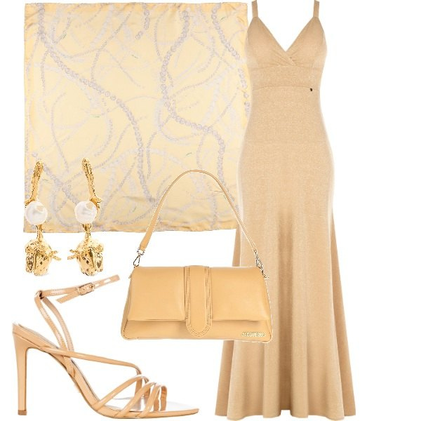 Outfit donna - Matrimonio in color albicocca. Stile Chic per Cerimonia. Abbinamento con sciarpe, borse a mano, vestiti lunghi, sandali col tacco, orecchini.