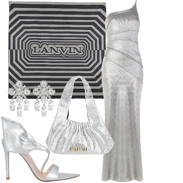 Outfit donna - Cerimonia super brillante. Stile Glamour per Cerimonia. Abbinamento con sandali in pelle, borse a mano, sciarpe, vestiti lunghi, orecchini.