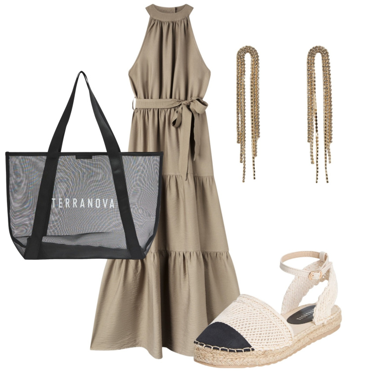 Outfit donna - Maxi dress summer style. Stile Casual per Tutti i giorni. Abbinamento con orecchini, espadrillas, shopping bag, vestiti lunghi.