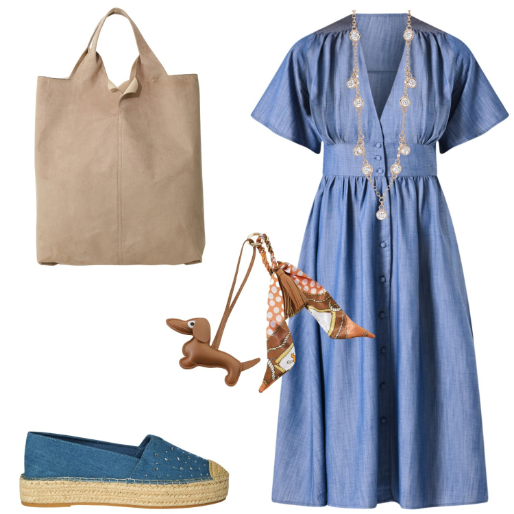 Outfit donna - Maxi Summer dress. Stile Casual chic per Tutti i giorni. Abbinamento con espadrillas, collane, vestiti chemisier, portachiavi, shopping bag.