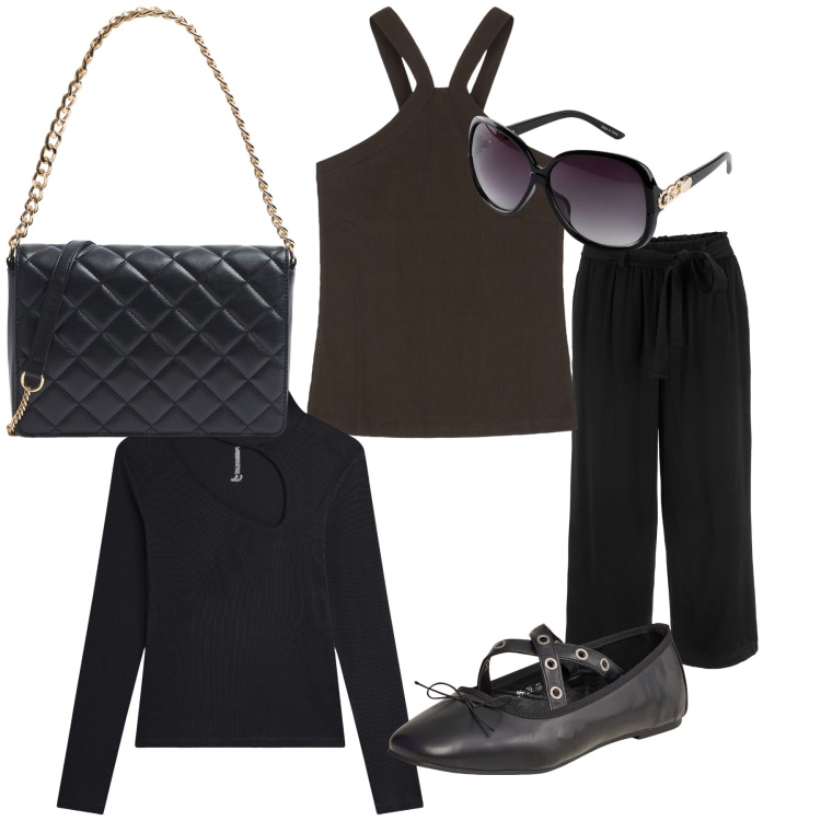 Outfit donna - Inizio estate abbigliamento a strati. Stile Basic per Tutti i giorni. Abbinamento con pantaloni culotte, occhiali da sole, ballerine, borse a tracolla, top, maglieria.