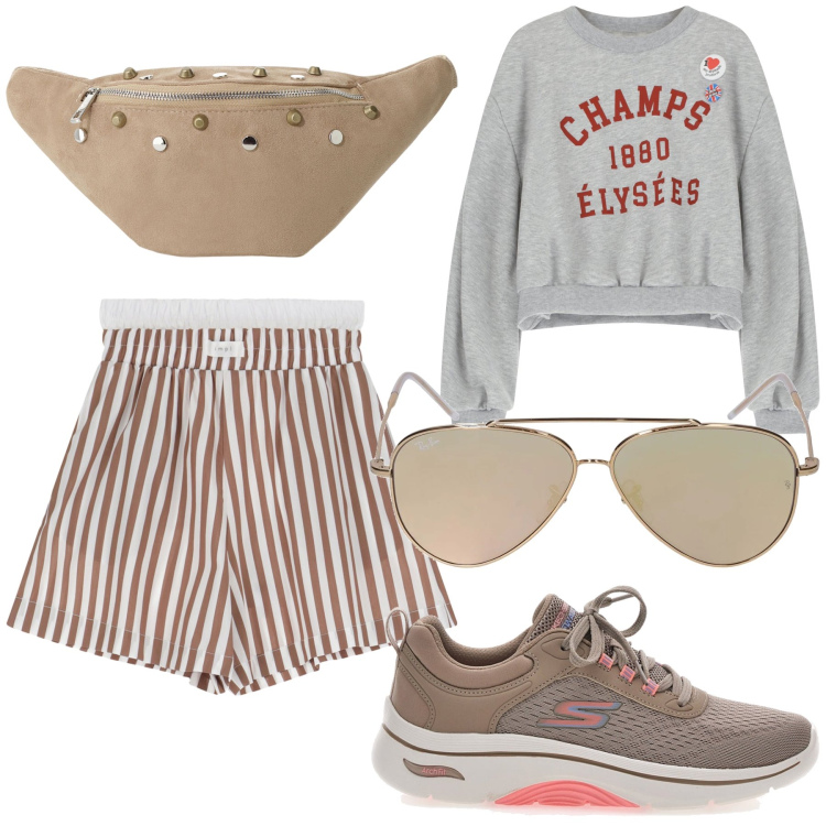 Outfit donna - Preppy girl. Stile Preppy per Tutti i giorni. Abbinamento con pantaloni corti, felpe, marsupi, sneakers, occhiali da sole.