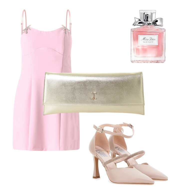 Outfit donna - Abito rosa e profumo. Stile Chic per Serata fuori. Abbinamento con profumi, vestiti a tubino, pochette, décolleté.