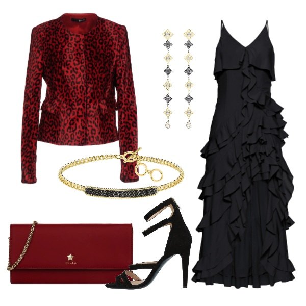 Outfit donna - Una cascata di volant. Stile Sexy per Serata fuori. Abbinamento con giacca fantasia collo tondo a maniche lunghe interno foderato monopetto, sandali effetto scamosciato con zip e punta tonda tinta unita, bluse, orecchini scollo a cascata multicolore, bracciale oro, portafoglio.