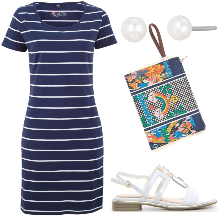 Outfit donna - Una passeggiata con i bimbi. Stile Casual per Tutti i giorni. Abbinamento con vestiti, orecchini, pochette, sandali.