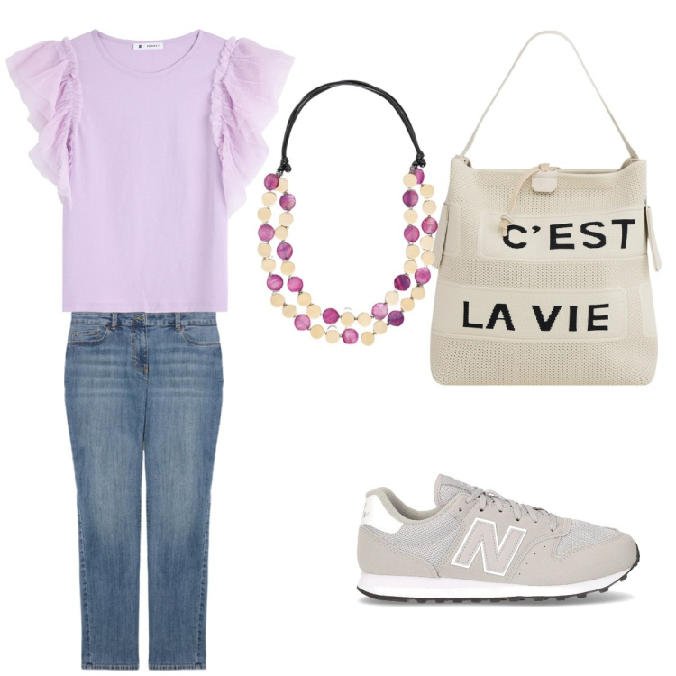 Outfit donna - Viola libera. Stile Minimal per Tutti i giorni. look ideale per Premaman. Abbinamento con t-shirt, borse a mano, jeans skinny, collane, sneakers.