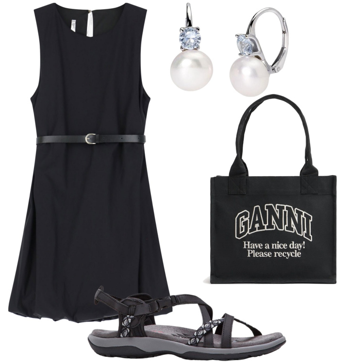 Outfit donna - Colazione di lavoro. Stile Bon Ton per Ufficio. Abbinamento con sandali, orecchini, vestiti corti, shopping bag.