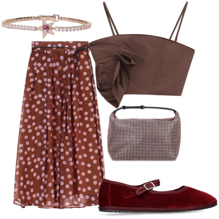 Outfit donna - Pretty Woman. Stile Chic per Serata fuori. Abbinamento con braccialetti, top, gonne lunghe, ballerine, borse a mano.