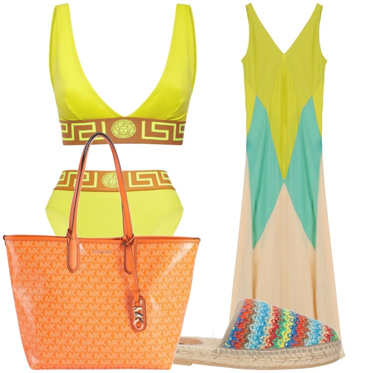 Outfit donna - Bikini firmato scontato. Stile Glamour per Mare. Abbinamento con espadrillas, borse a mano, vestiti lunghi, bikini, bikini.