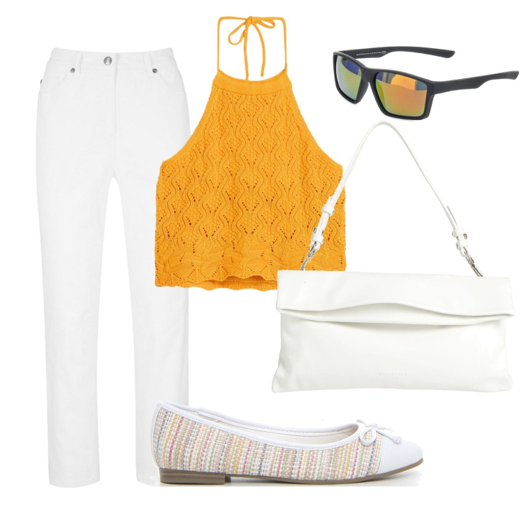 Outfit donna - Aperitivo al tramonto. Stile Casual per Serata fuori. Abbinamento con pantaloni, top, borse a mano, ballerine, occhiali da sole.