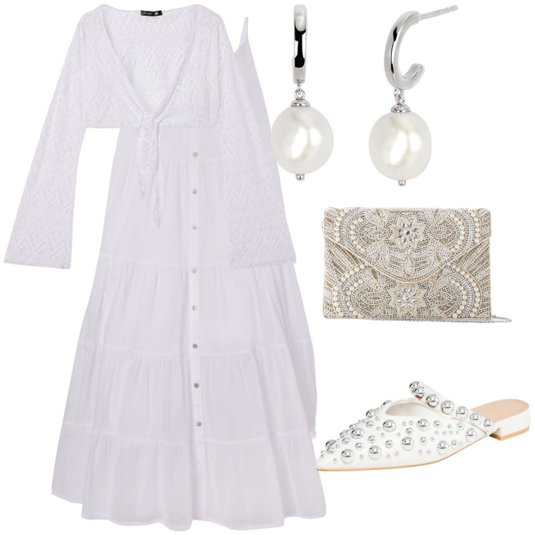 Outfit donna - La sposa più semplice. Stile Bon Ton per Cerimonia. Abbinamento con pochette, vestiti lunghi, ballerine, bolero, orecchini.