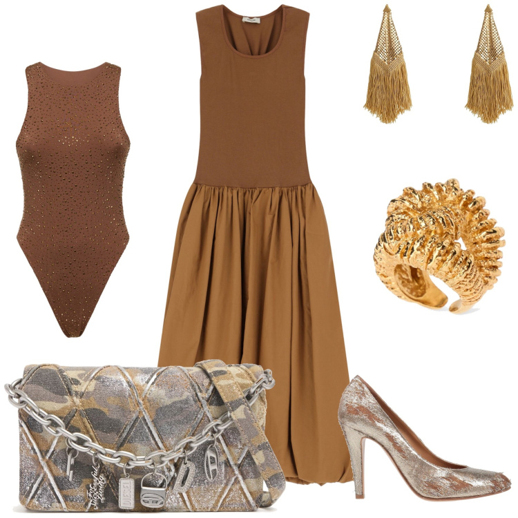 Outfit donna - Brown. Stile Glamour per Serata fuori. Abbinamento con décolleté, orecchini, vestiti midi/longuette, body, pochette, anelli.